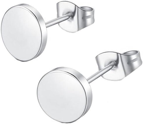 2 Pairs Of 316L Surgical-Steel Black & Silver Flat Round Men Women Stud Earrings